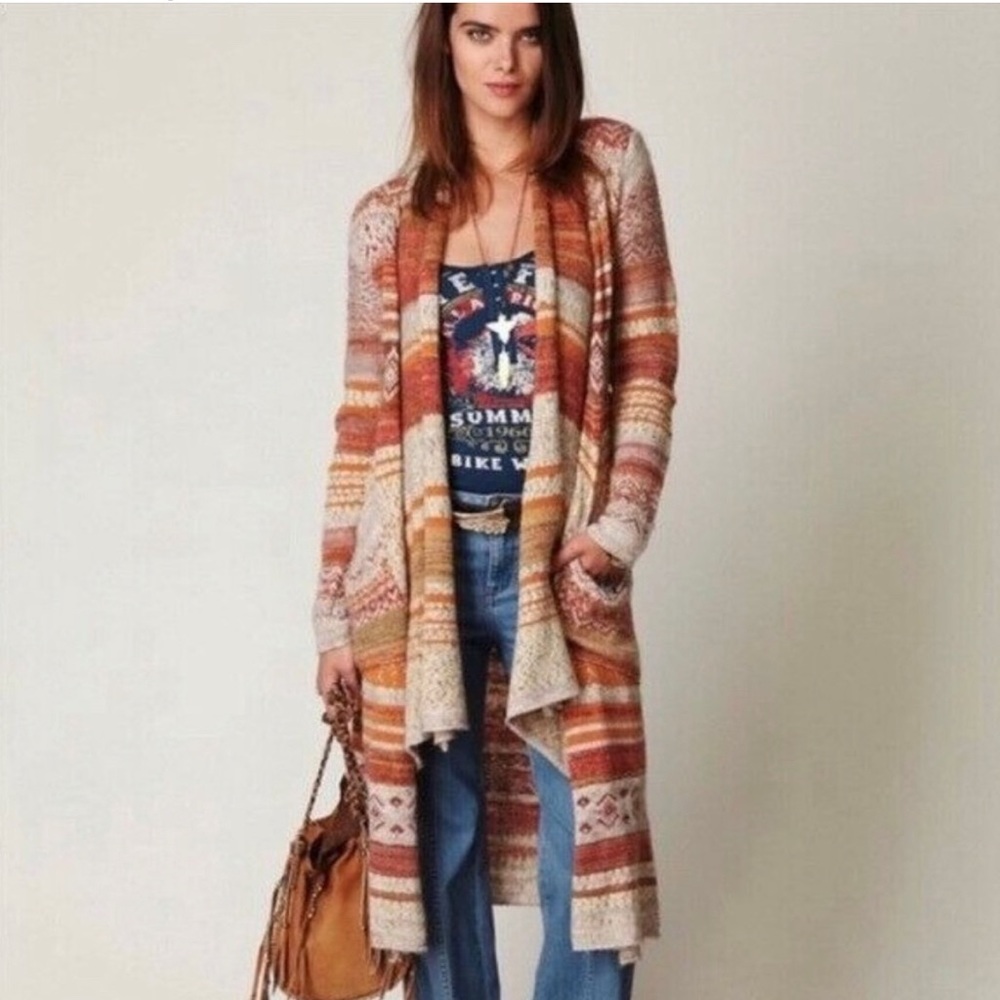 Free People Long Aztec Southwestern Cardigan, Orange, Red, Boho Style- XS